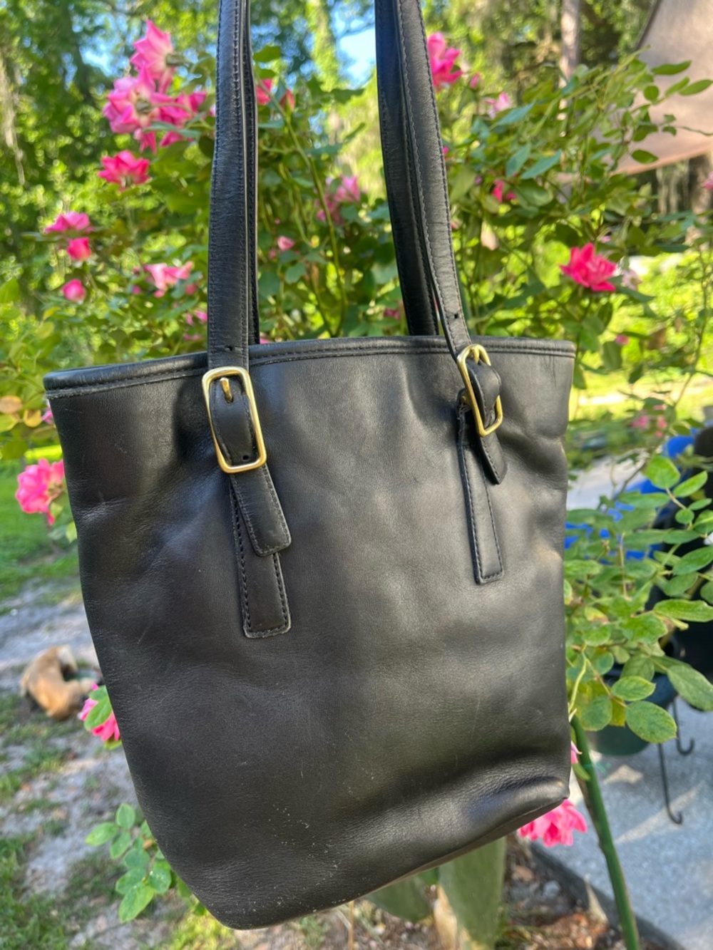 Coach Vintage Tote #9803 Black Leather Shoulder Bag with Gold-Tone Buckles